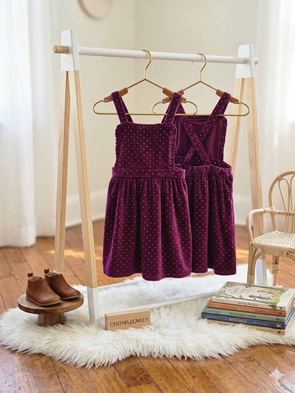 Cynthia Rowley Girls' Velvet Polka Dot Jumper Dress in Plum